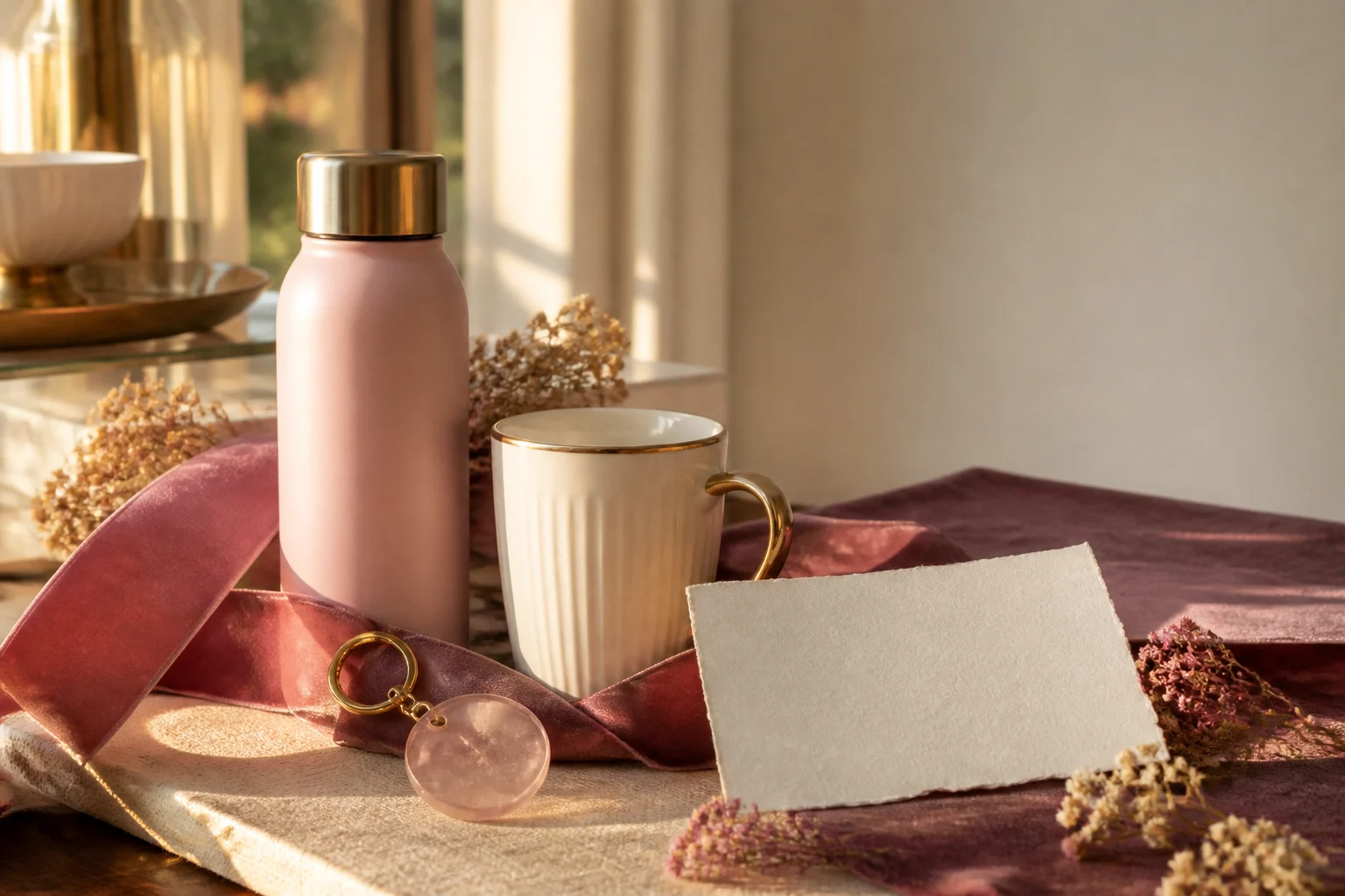 A warm arrangement of a personalised bottle, mug and keepsake gifts