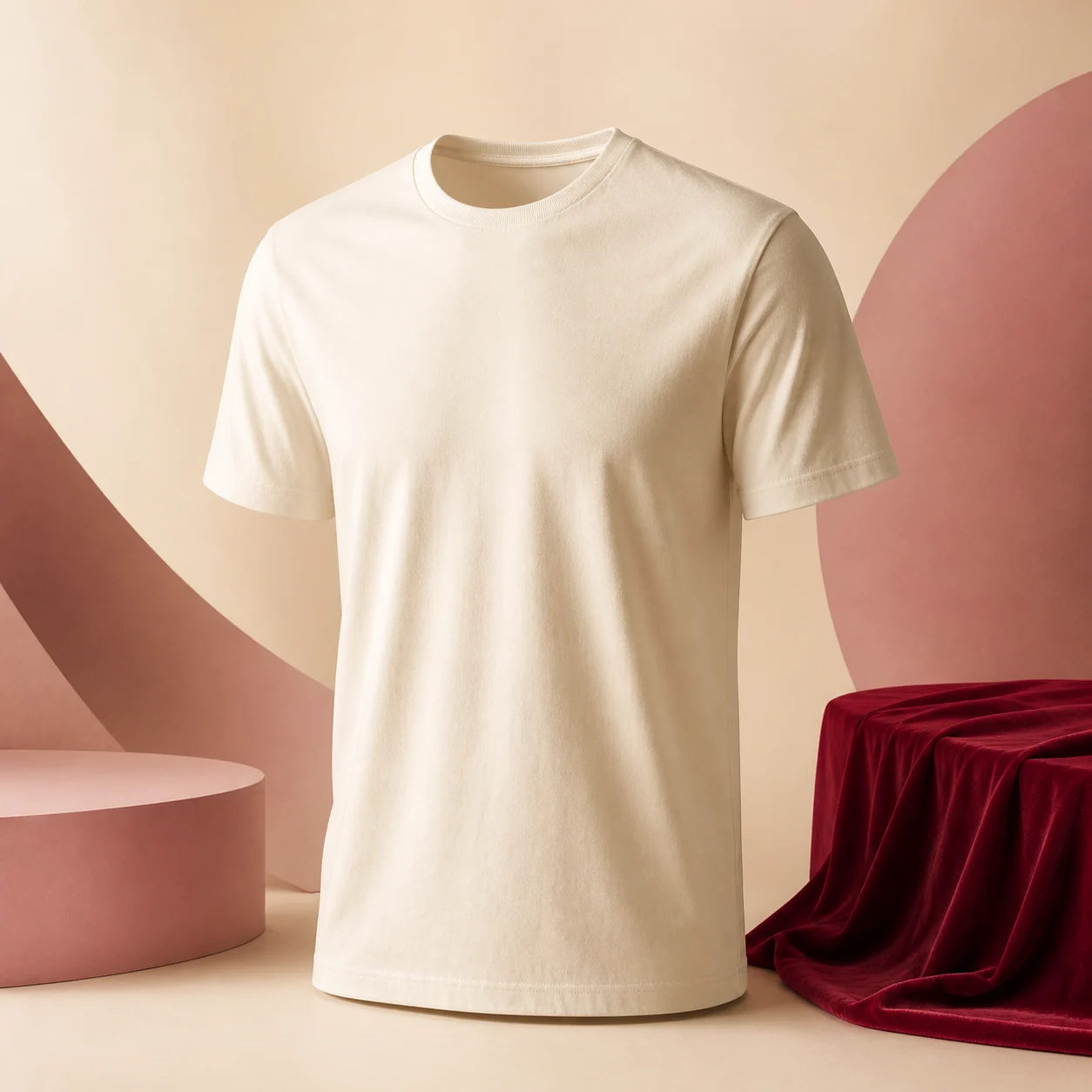 A blank warm-ivory premium crew-neck T-shirt in a blush editorial studio