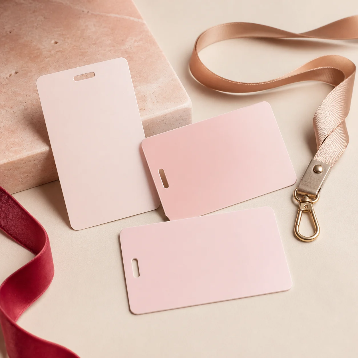 Three blank blush PVC ID cards arranged with a champagne clip and lanyard