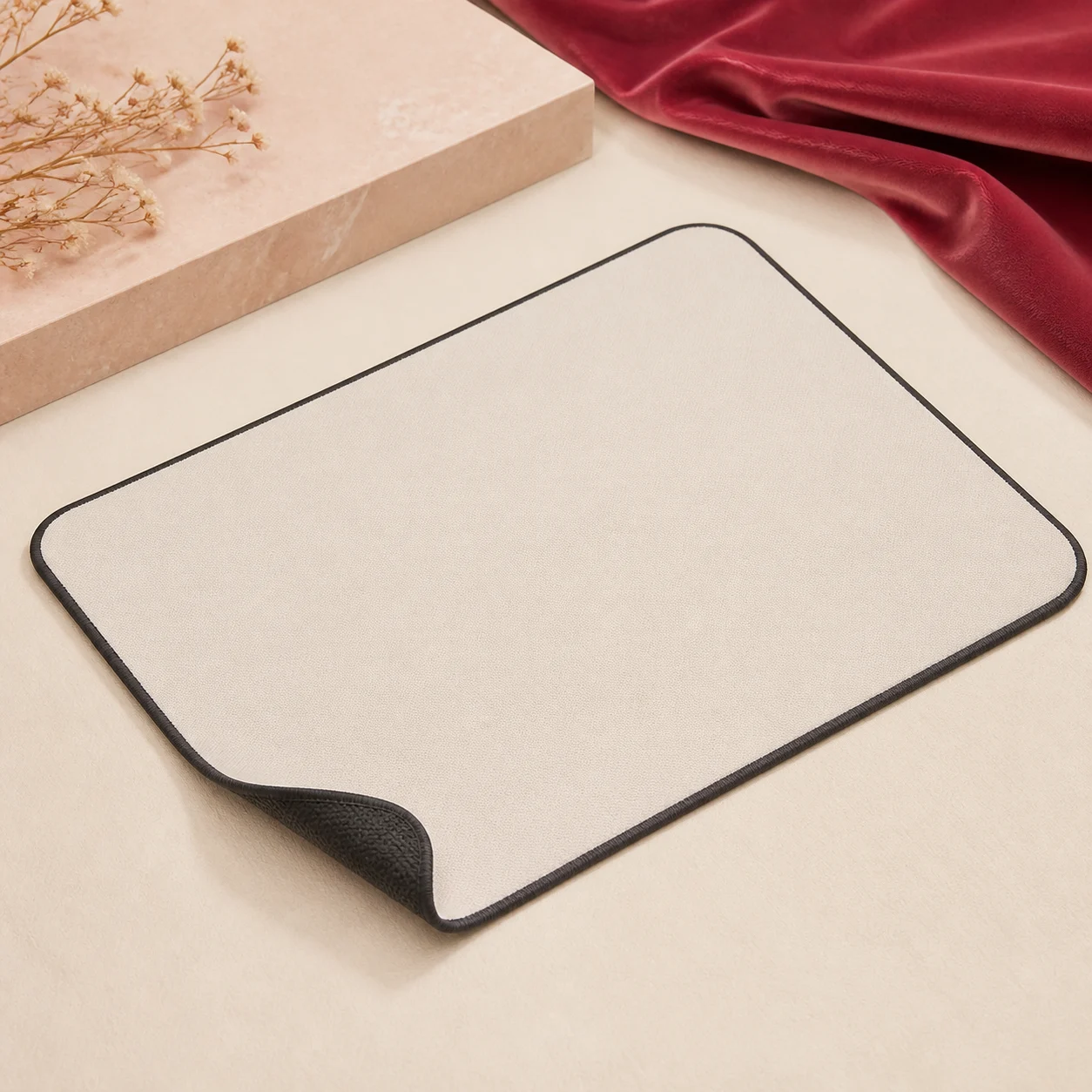 A blank ivory rectangular mousepad with a charcoal grip edge in a blush studio