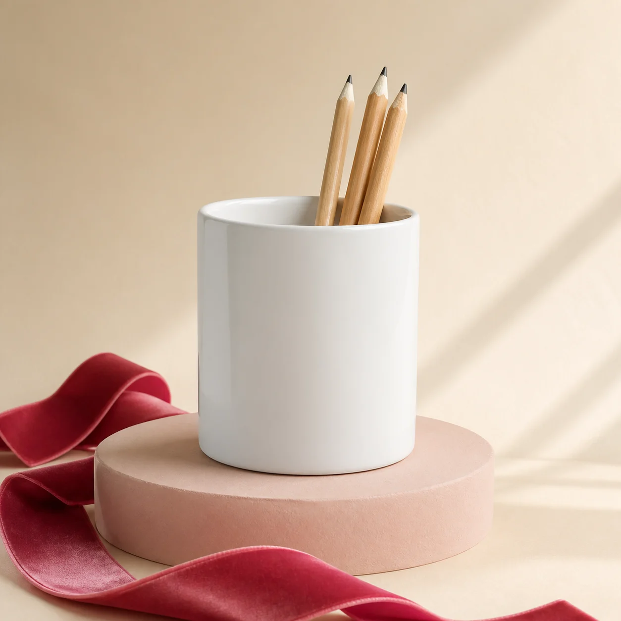 A blank white cylindrical pen stand with three pencils on a blush pedestal