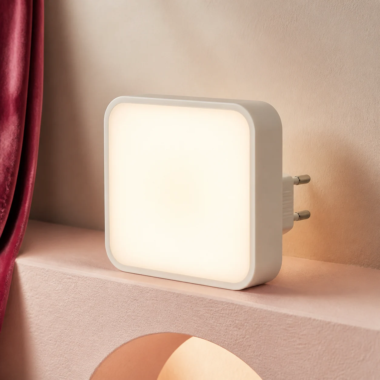 A blank square plug-in LED photo lamp glowing softly on a blush ledge