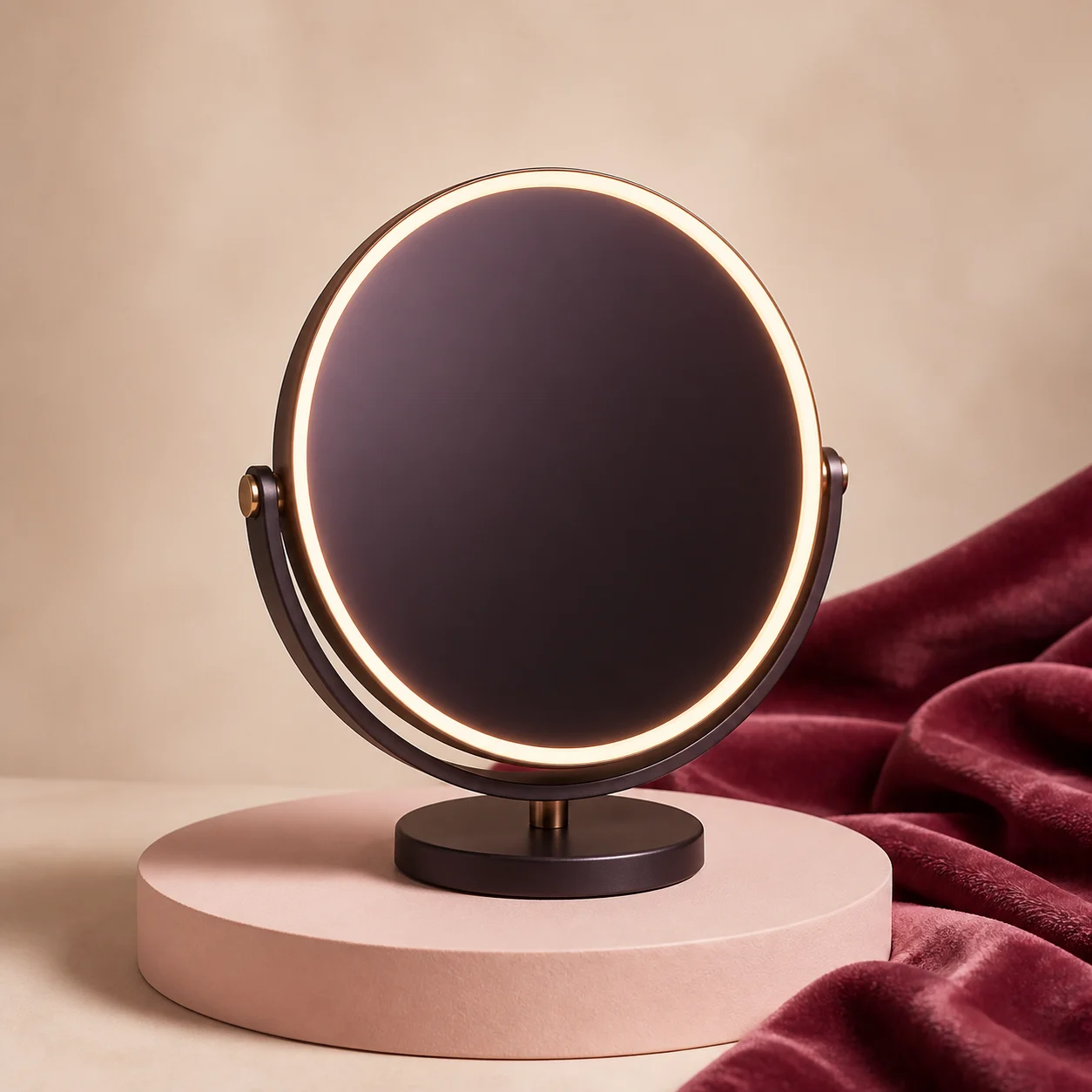 A glowing round personalised mirror arranged in the Adore velvet atelier