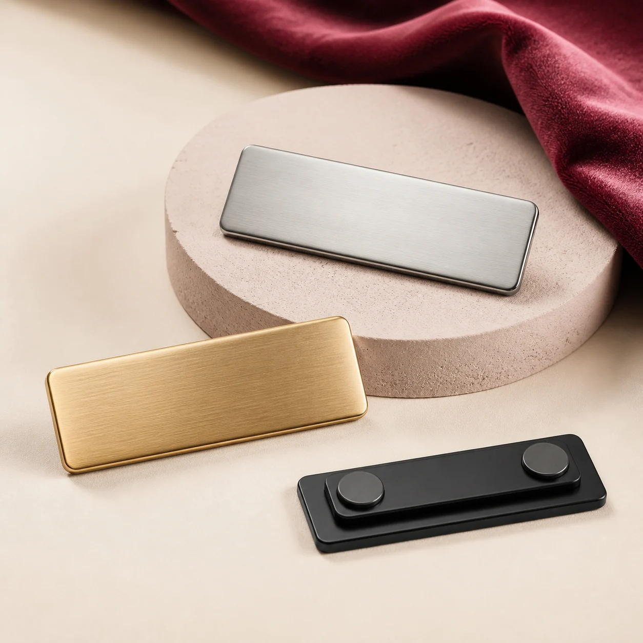 Blank silver, gold and black metal magnetic name plates in a velvet atelier
