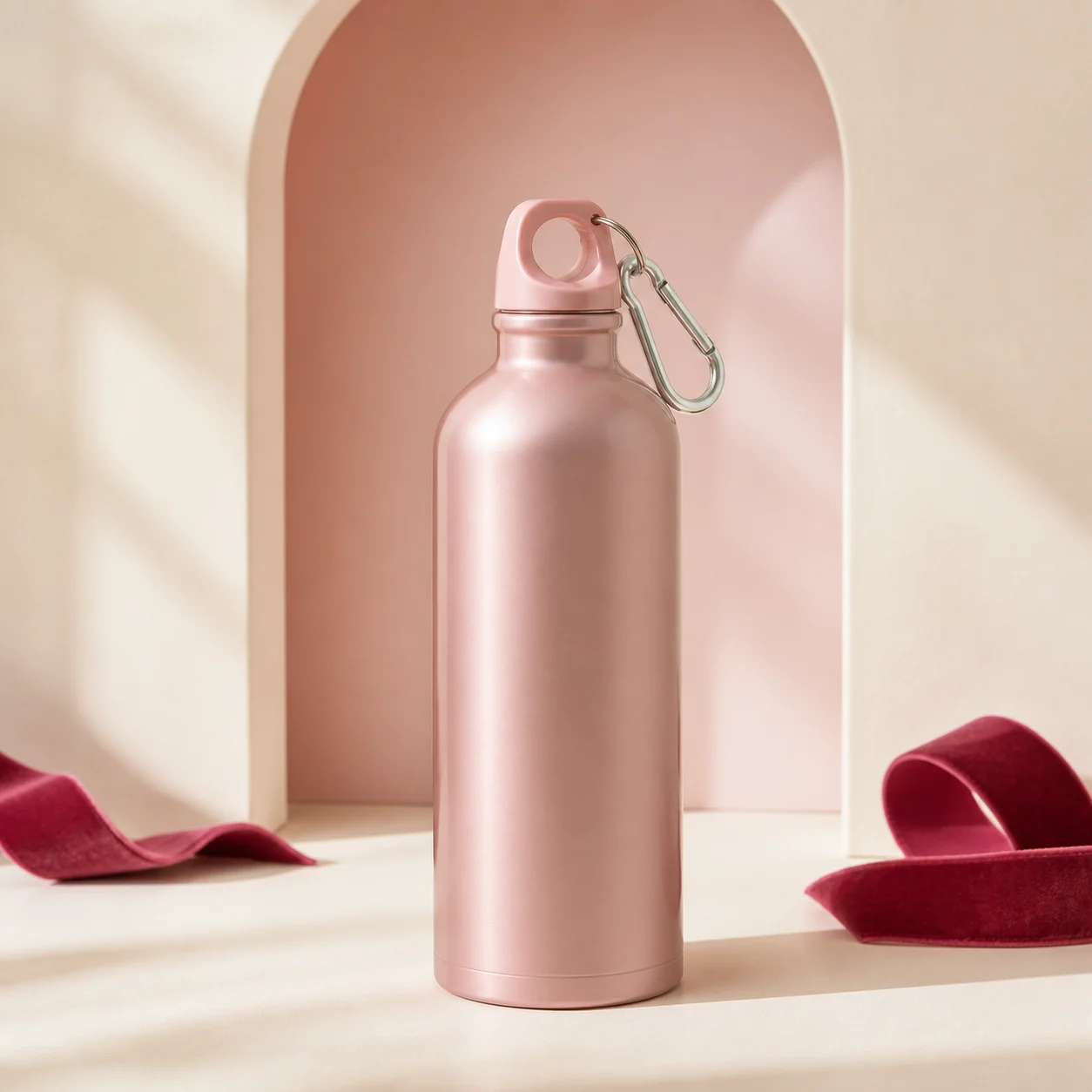 A blank dusty-blush sipper bottle with loop cap and carabiner in an ivory studio