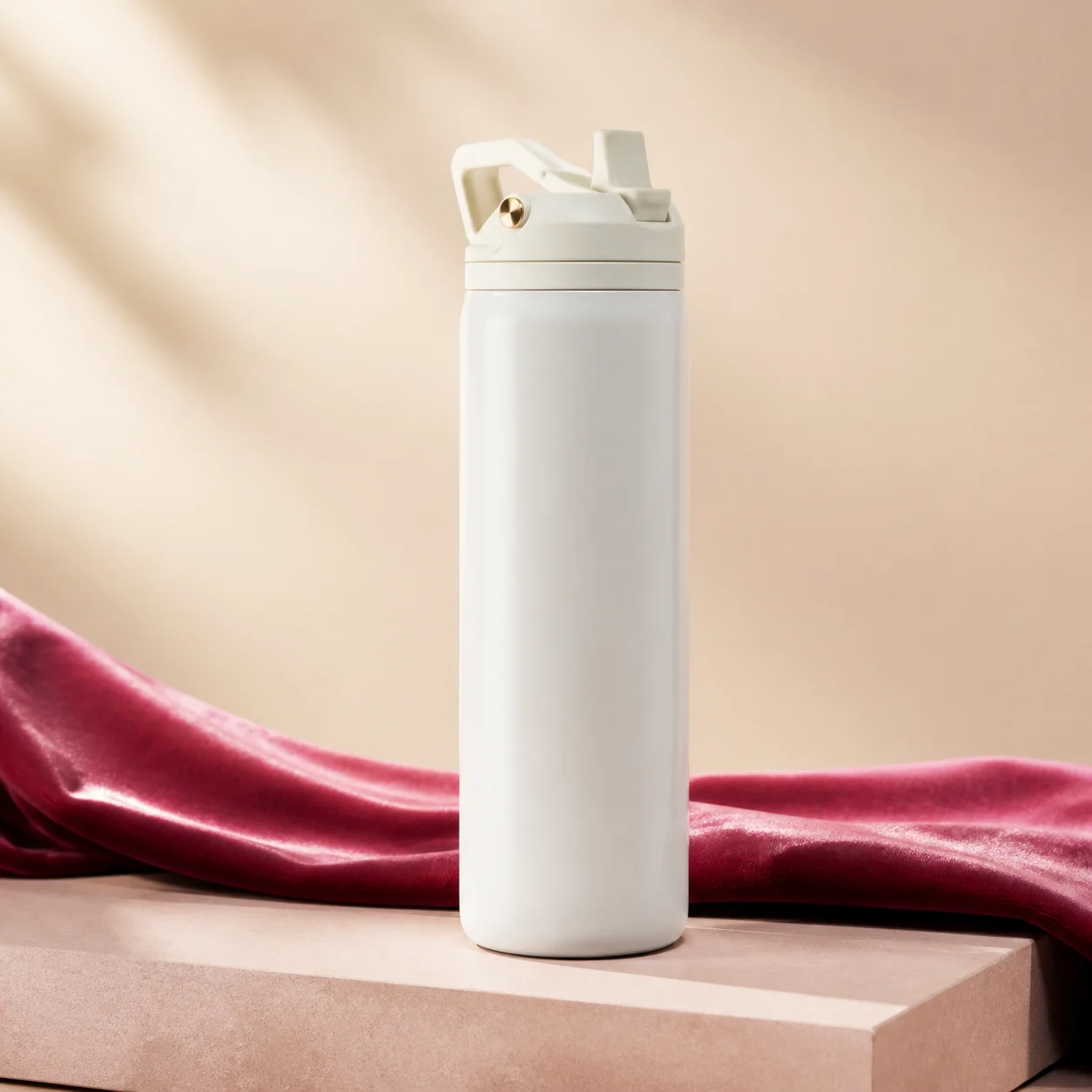 A blank white personalised sports bottle arranged with raspberry velvet