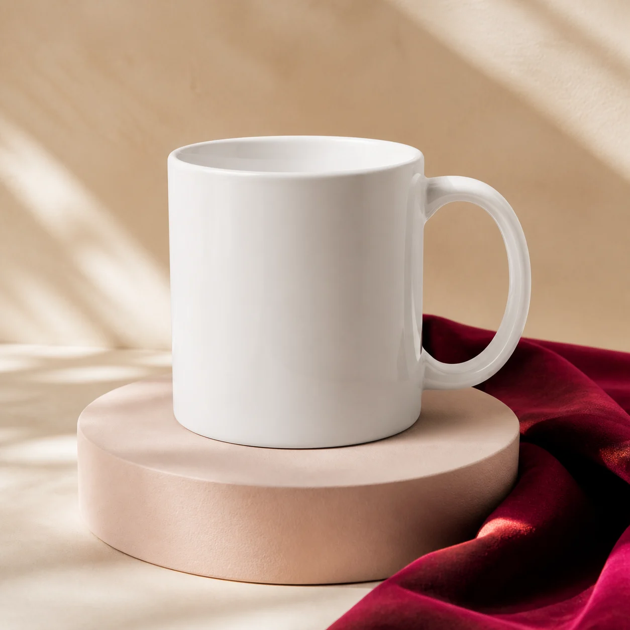 A blank white ceramic coffee mug on a blush pedestal beside raspberry velvet